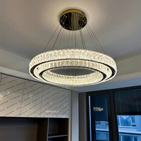 Lustre moderne de luxe en or à double anneau avec cristaux, luminaire suspendu rond en cristal LED, lampe suspendue au plafond en cristal pour salon