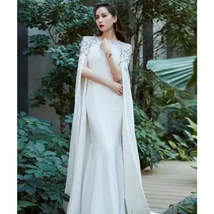 NEW White Mermaid Satin Evening Party Dresses Cape Sleeves Beaded Elegant Theater Opera Gowns For Women
