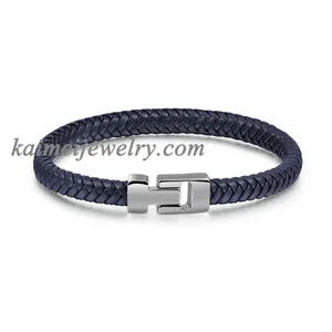 New Arrival Blue Braided Simple Blue Leather Bracelet With Stainless Steel Bayonet Clasps