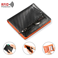 Dompet Pria Anti-RFID Motif Garis Kulit PU Tipis Lipat Dua dengan Ritsleting & Kancing Pengunci, Kantong Koin, Tempat Kartu Kredit