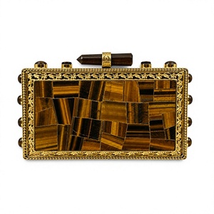 Pochette en pierre précieuse œil de tigre doré |   Minaudière artisanale ornée de fleurs en pierre naturelle |   Sac de soirée de luxe pour mariée - Product Image 1