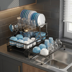 Égouttoir à vaisselle double niveau en métal avec conception détachable pour rangement sous évier de cuisine, support moderne sur pied pour assiettes et bols - Product Image 6
