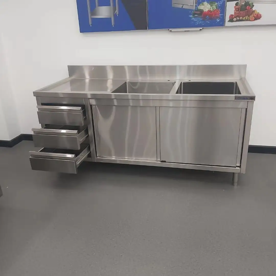 Stainless Steel Commercial Kitchen Equipment Double Bowl Sink Cabinet With 3 Drawers