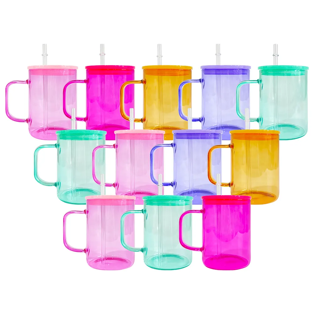 Venta al por mayor EE. UU. Almacén 17oz sublimatable taza de café de vidrio de gelatina transparente con tapa de plástico PP y pajita para regalos personalizados