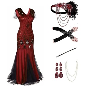 Vestido de Noche Estilo Flapper de los Años 20 con Lentejuelas, Cuello en V, con Diadema, Guantes y Collar - Product Image 1