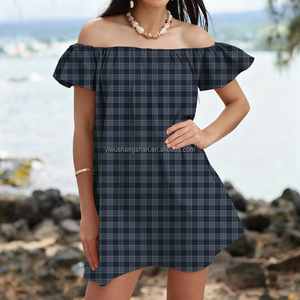 ट्रेंडी कस्टम हैवीयन प्लाड प्रिंट महिलाओं ढीली पोशाक ड्रॉप-कंधे से लैस मिनी महिला छुट्टी के कपड़े - Product Image 6