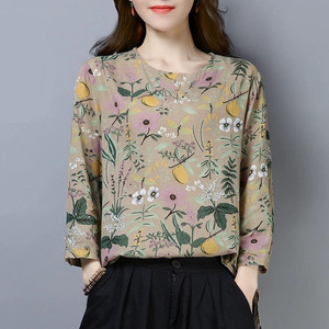 Floral Print Long Sleeve T-Shirt Women Plus Size Spring Autumn Base Layer Literary Artistic <b>Top</b> - Product Image 3