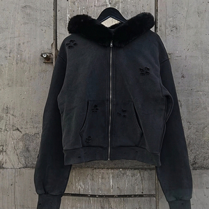 Veste à capuche zippée pour homme, personnalisée par le fabricant, 100% coton, délavée à l'acide, effet soleil éclairé et vieilli, avec col en fourrure - Product Image 1