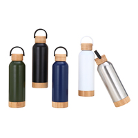 Bouteille isotherme en acier inoxydable 304 sans BPA de 500 ml/17 oz avec couvercle et base en bambou, et poignée intégrée