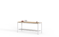 Table haute moderne avec plateau en bois foncé et structure en métal noir pour salle de pause de bureau