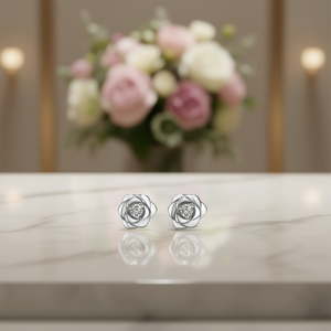 Orecchini a Perno con Fiore in Oro Rosa, Argento 925, Diamante Taglio Brillante Rotondo, Montatura a Griffe, Romantici per Uso Quotidiano Femminile - Product Image 2