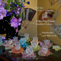 Service à thé complet en verre Liuli de 12 pièces, soucoupes et tasses à motifs floraux mensuels, collection de verre coloré fait main par la méthode de la cire perdue, cadeau