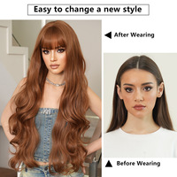 Perruque en soie domestique de style ondulé avec frange, cheveux bouclés extra longs de 32 pouces, brun abricot, pour femmes, fabriquée à la machine, naturelle et volumineuse