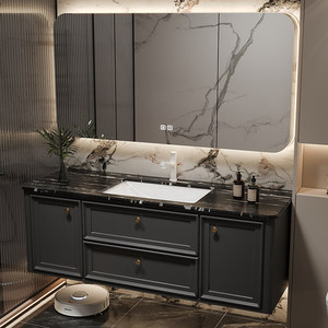 French-style luxury stone slab seamless ceramic basin smart <b>mirror</b> natural marble bathroom cabinet - Product Image 5