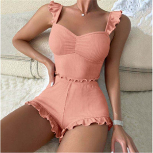 OEM Custom Women Ribbed Knit Pajamas Ruffle Strap Cami Top <b>Shorts</b> 2 Piece Loungewear Sleepwear - Product Image 4