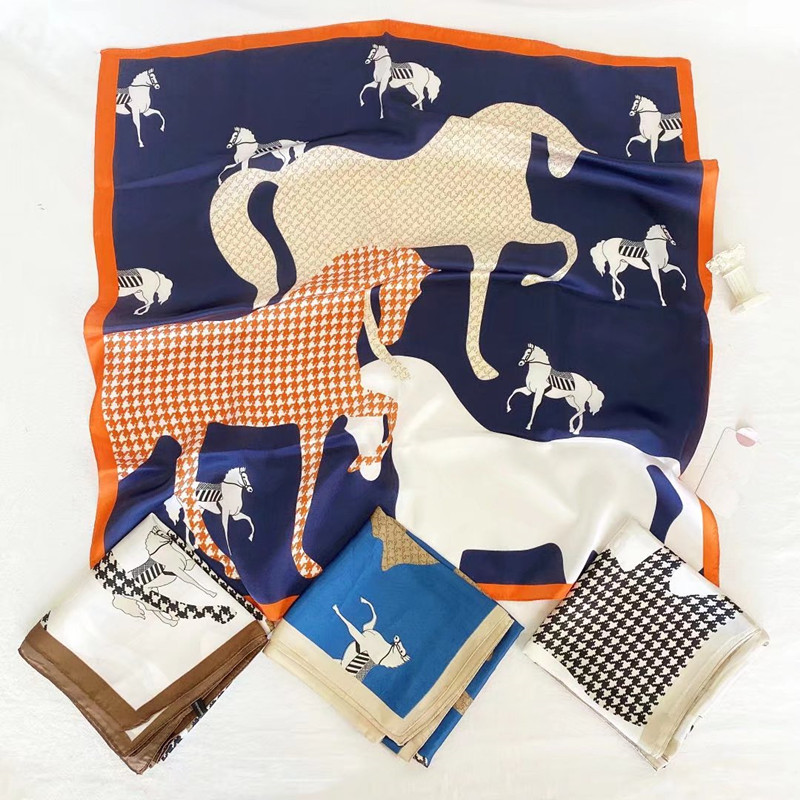 Hengli Лидер продаж дизайн лошади индивидуальный узор большие 100% шелковые женские шарфы атласный шелковый шарф на ощупь