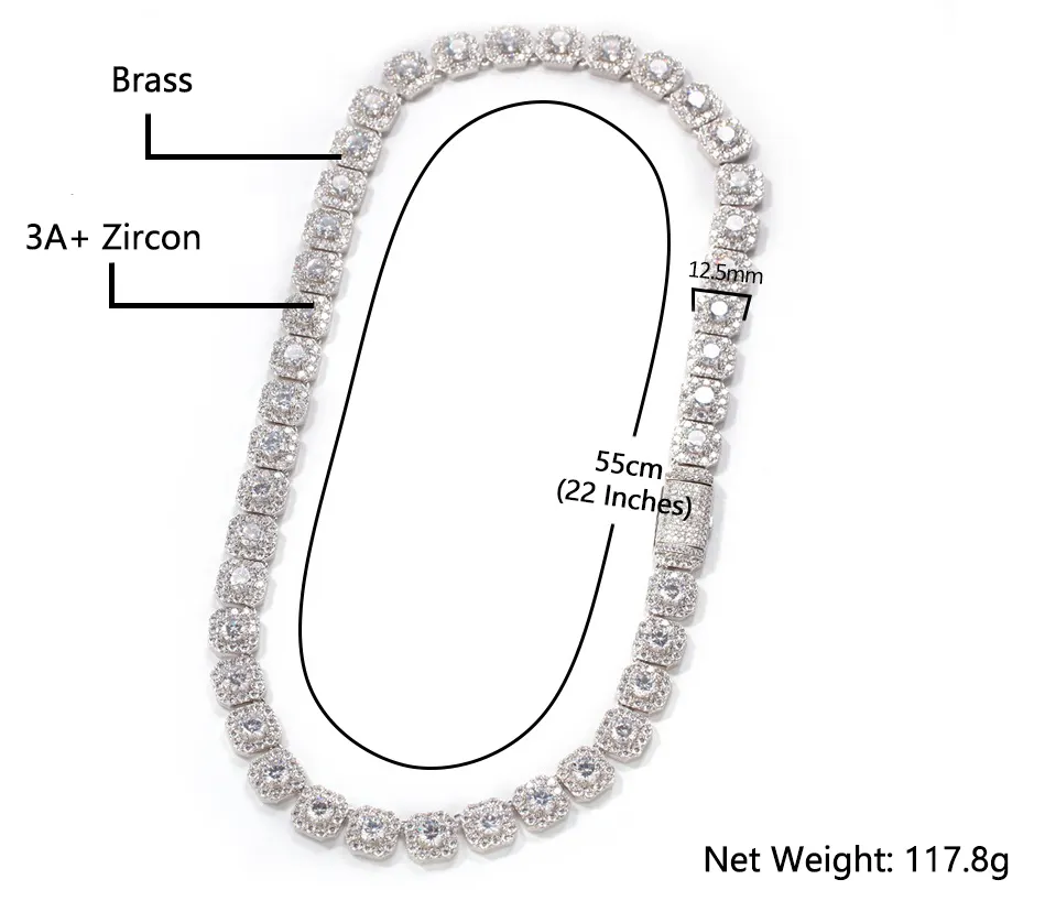 महिलाओं के लिए उच्च गुणवत्ता वाले 12.5 मिमी क्लस्टर टेनिस नेकलेस 18K गोल्ड ब्लिंग सीजेड आइस्ड आउट डायमंड ब्रास हिपहॉप रॉक चेन नेकलेस