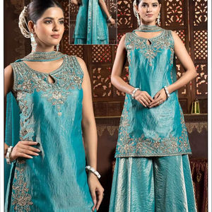 Conjunto de Kurta y Palazzo Bordado en Azul Verde Azulado para Mujer con Dupatta, Ropa Étnica Tradicional para Bodas y Fiestas - Product Image 3