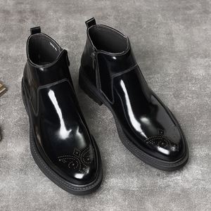 Brook Embossed English Chelsea Men's Leather Boots with Zippers, Bright Leather Short Boots, Warm Winter Boots - Product Image 3