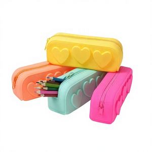 Love Heart-Shaped Macaron Color Silicone Stationery & <b>Makeup</b> Storage Pencil <b>Case</b> Bag Large Capacity Washable Yellow Pink Green - Product Image 1