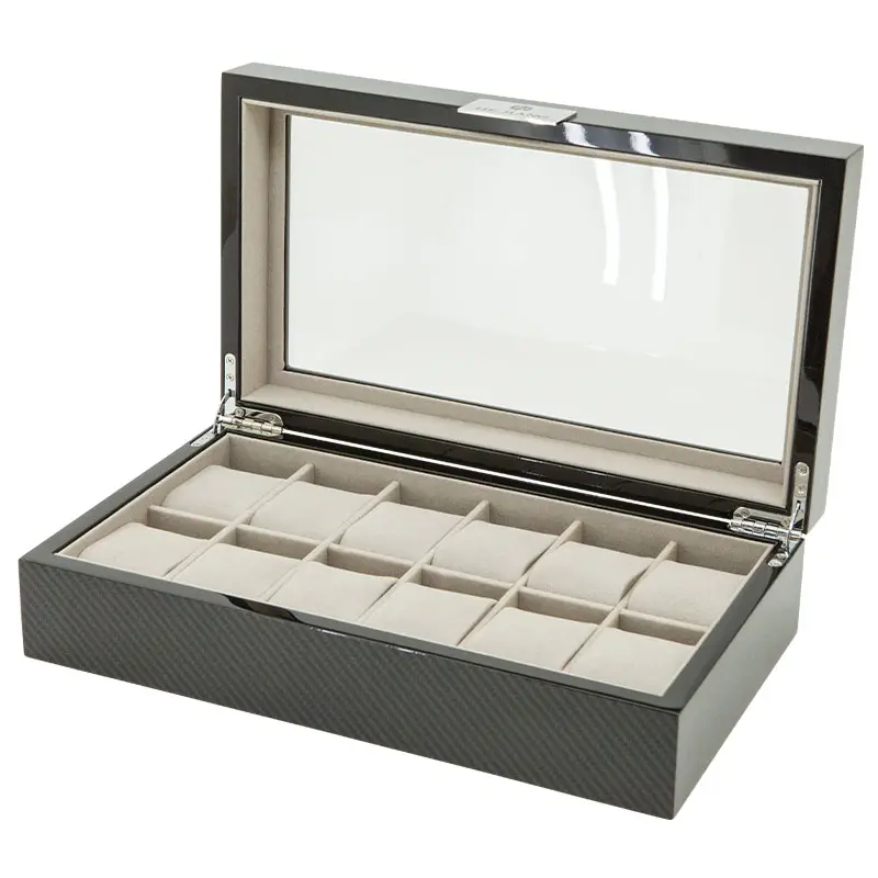 Custom High-end di lusso 12 slot scatola orologio in legno finestra di vetro interno bianco pelle Pu scatole