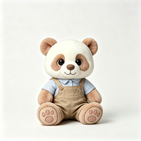 Peluche Panda Marron Clair Unique avec Chemise à Col Bleu et Salopette Kaki, Poupée Panda Assise, Souvenir Chinois