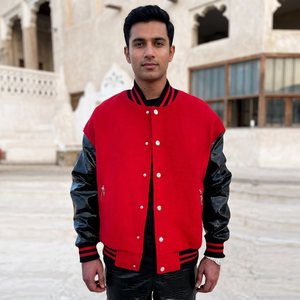 <b>Red</b> <b>Wool</b> Body Black Genuine Leather Sleeve Varsity Jacket Men's Breathable Collage Coats Winter Baseball Varsity Jacket Men's - Product Image 1