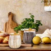 Pot en verre borosilicate décoratif à rayures pour la cuisine, avec couvercles et cuillères en bambou, compatible lave-vaisselle et micro-ondes, qualité alimentaire