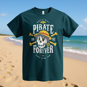T-Shirt Pirate Forever, Design Teschio Pirata in Teal Scuro, Grafica Mare Blu Orientale, Maglietta Promozionale Unisex - Product Image 3