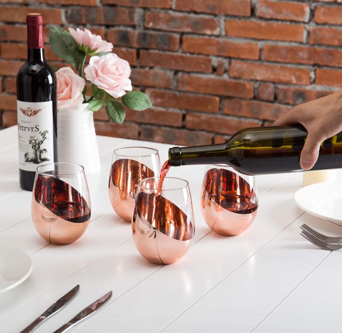 Tilted Brass Metallic Stemless Wine Glasses, Beverage Drinkware Tumbler Cups, Set of 4