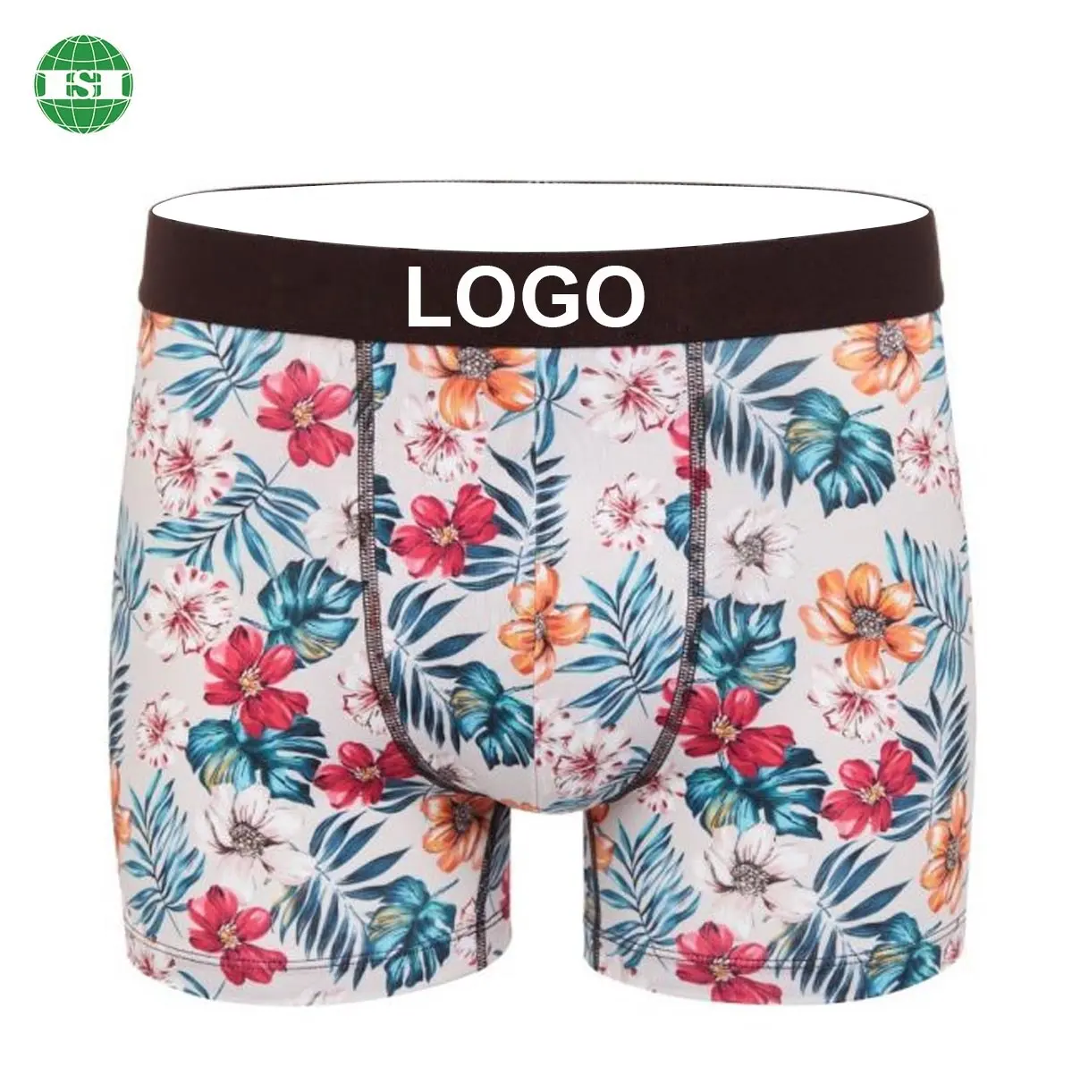 Custom floral print men's underwear trunks all over printed with your own logo brand name on waistband
