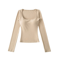 Blouse courte ajustée à manches longues et col en V, version coréenne printemps, légère, respirante, avec rembourrage poitrine et taille, finition macaron sable