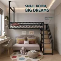 Cama litera tipo loft para niños con estantería y escaleras, estructura de acero laminado en frío, barandilla de celosía de diamante, diseño de cama doble para dormitorio infantil