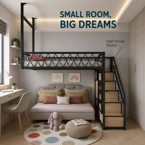 Letto a soppalco per bambini con libreria e scale, struttura in acciaio laminato a freddo, ringhiera a reticolo diamantato, design a due <span class=keywords><strong>letti</strong></span> per la <span class=keywords><strong>cameretta</strong></span> dei bambini - Product Image 5