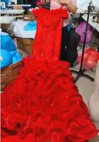 Nouvelle Arrivée 2025 Robe de Mariée Sirène Rouge Africaine Épaules Dénudées Gothique Organza à Volants avec Traîne Étagée pour Mariées Princesses