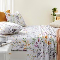 Parure de draps unie à motifs floraux 4 pièces 100% Coton 300 fils/cm² Certifiée OEKO-TEX Anti-boulochage Infroissable Style Européen et Américain