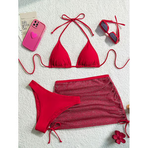 Conjunto de Bikini Triangular Rojo de 3 Piezas para Mujer con Pareo de Malla y Lazos Laterales, Traje de Baño para Playa de Verano - Product Image 4