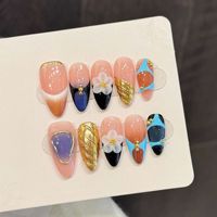 Vente en gros de 10 pièces de faux ongles en acrylique faits à la main, design 3D en forme de fleur, ongles longs ovales réutilisables, ongles artificiels personnalisés