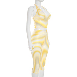 Viviblook D26ST277 Women <b>Sexy</b> Sleeveless Striped Print Halter Vest Crop Top High Waist Tight Fitting Cropped Pants 2 Pieces <b>Set</b> - Product Image 4