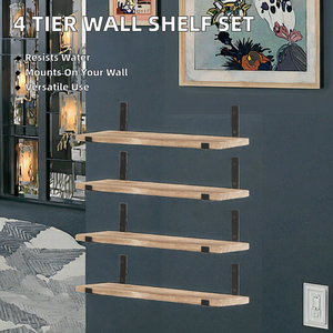 4 Tier <b>Wall</b> Decor Set 4 Storage Rack Bookshelf Wood <b>Floating</b> <b>Shelves</b> <b>Wall</b> Mounted Bathroom Kitchen Living Room Water Resistant - Product Image 2