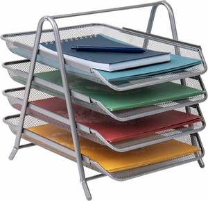 <b>Metal</b> Desk Organizer with 4 Sliding Trays for Letters and <b>Files</b> Holder 4 Tier Paper Tray Desktop <b>File</b> Storage Office Silver - Product Image 1