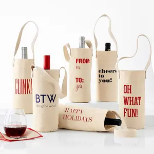 Heavy Duty Algodão Vinho Garrafa Tote Bag Em Branco Plain Canvas Wine Sleeve Holder Carrier Bag com Logotipo Personalizado