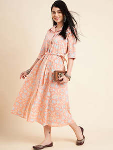 Peach Color Blue A-line Knee-Length Cotton <b>Dress</b> Floral Printed Turn-down Collar Long Sleeves Tie-ups Flared Hem Garment Dyed - Product Image 3