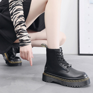 Kalın Soled 8-hole kısa çizmeler kadınlar yüksek üst hakiki deri çift sarı çizgiler öğrenci orta topuk yuvarlak ayak erkekler kısa çizmeler - Product Image 6