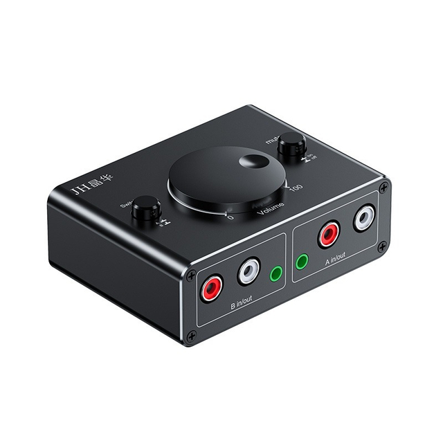 Dual Way 3.5mm & RCA Stereo Audio Switcher Splitter with Alloy Shell One-click Mute/Switch & Volume Adjustment