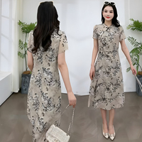 Robe pour femme, été, nouveau style chinois, imprimé floral à l'encre, boutons grenouillère, ourlet superposé, robe midi, robe élégante pour femme