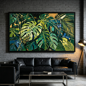 <span class=keywords><strong>Peinture</strong></span> Impasto Sculptée à la Main, Feuillage de Jungle Exuberant, Papillon Morpho Bleu Caméléon, Design Art Déco, Cadre Bleu, Hôtel Tropical - Product Image 1