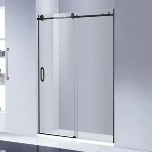 Matte Black High-End Barn Door Style Semi-frameless S.S. Hanging Roller Rolling Glass Shower Door Enclosure Cabinet