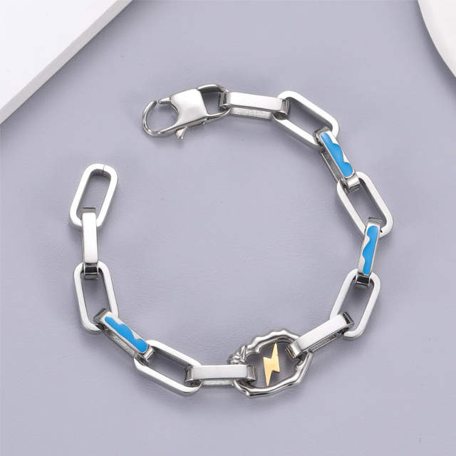 Men's Stainless Steel Lightning Bolt Pendant Bracelets Hip Hop Chunky Chain Necklace Non-Tarnish Streetwear Jewelry Wholesale