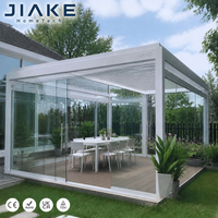 Pergola de jardin en aluminium et verre Jiake avec toit à lames motorisé rétractable et éclairage LED pour cour, balcon, terrasse et auvent extérieur